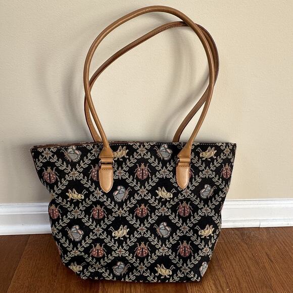 Vintage Talbots Tapestry Purse Travel Bag with Leather Handle Nature Ladybugs - Picture 3 of 6
